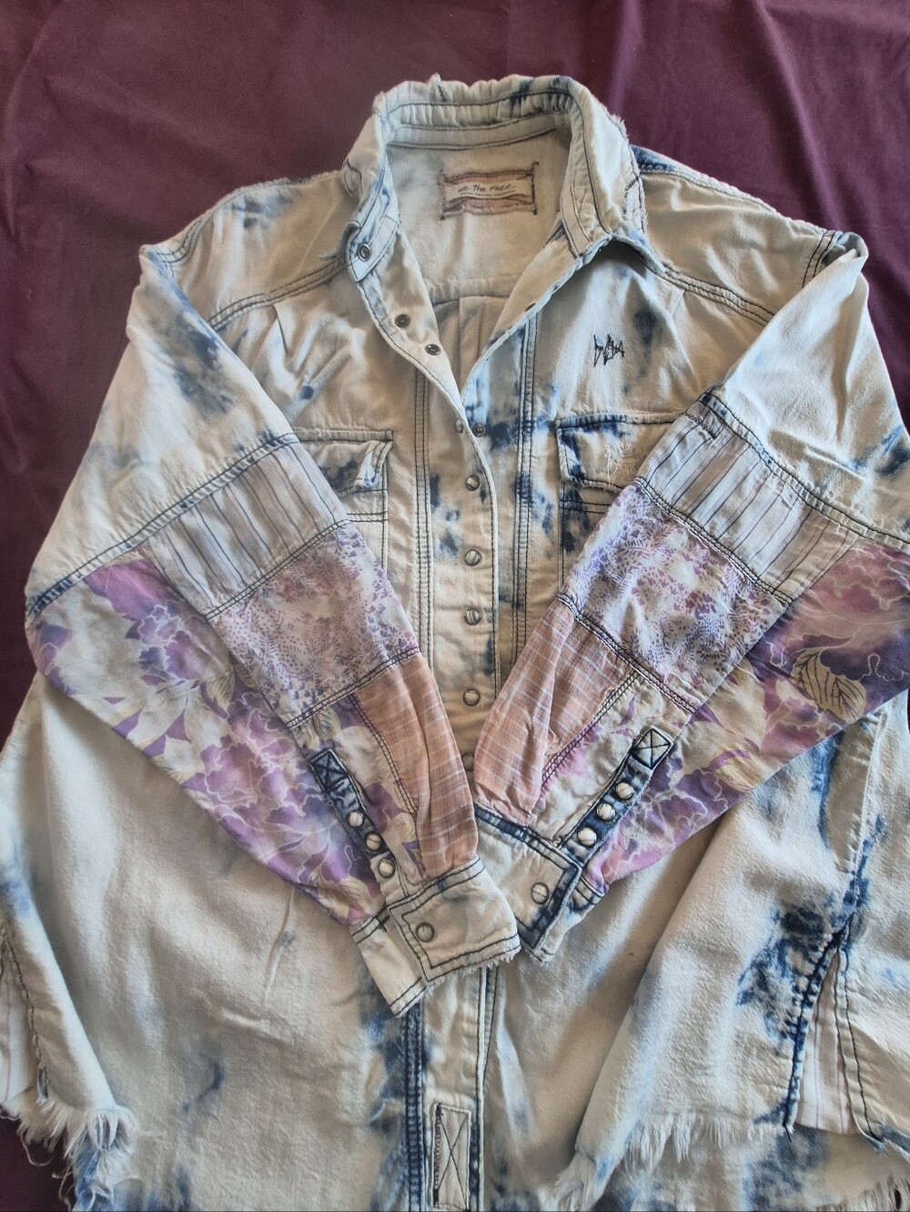 We The Free Lightwash Denim Jacket with Purple Floral Sleeves